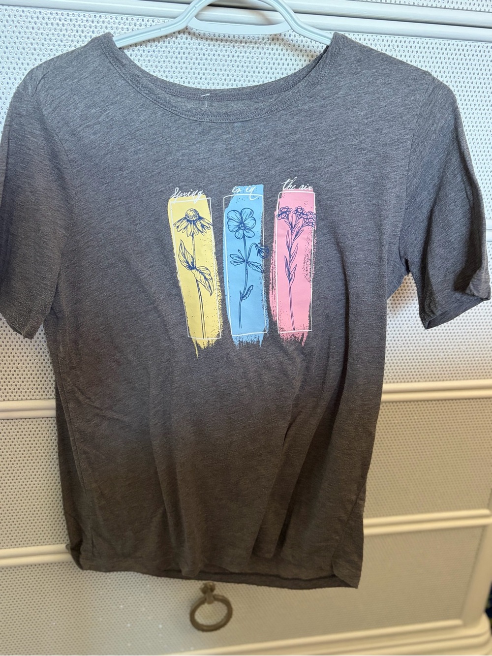 WOMENS Gray Floral Graphic Tee with Yellow, Blue & Pink Accents
